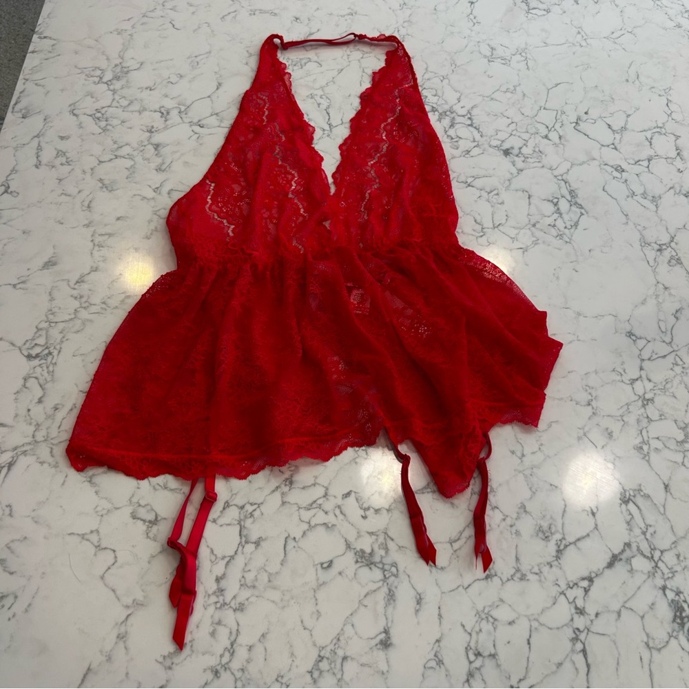 NWT Victoria’s Secret Red Sheer Lace Plunge Babydoll Garter Lingerie Size Large‎